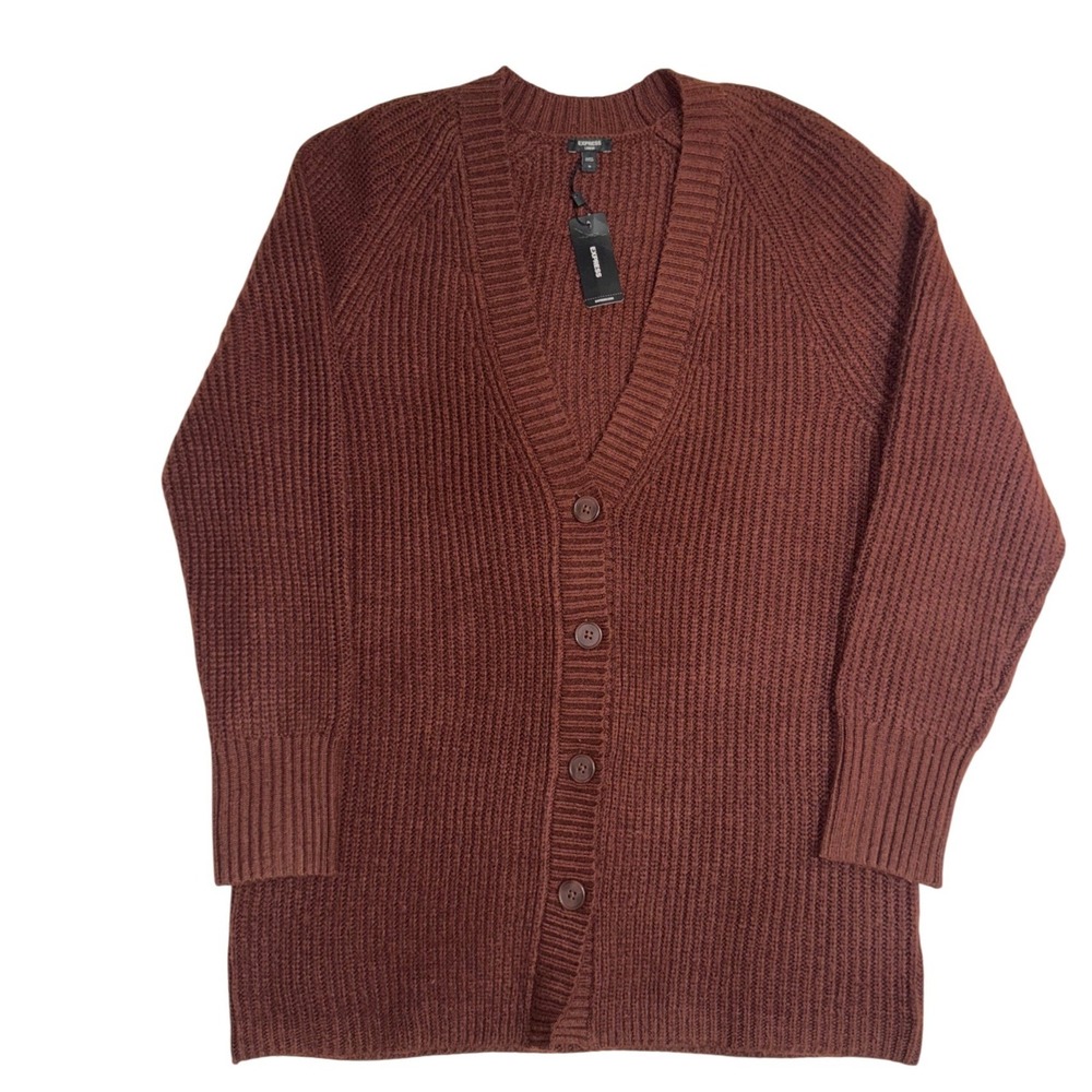Express London Womens Shaker Stitch Cardigan Brown VNeck Knit Sweater Size M NEW